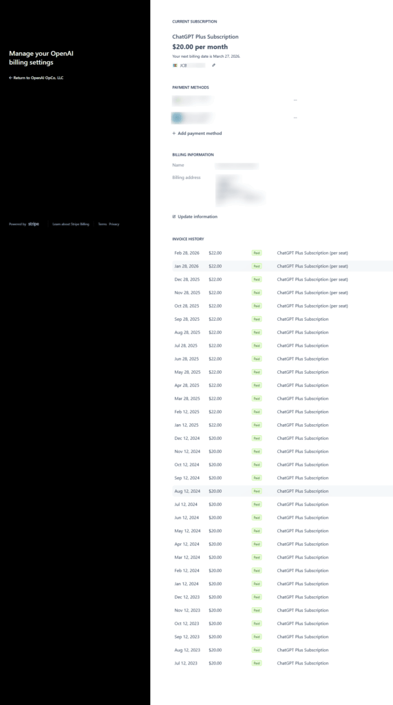 Open AIでChatGPT Plusを契約したときの支払い履歴